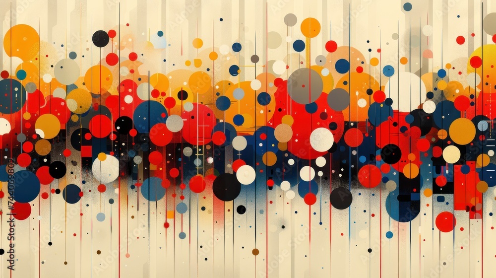 Poster an abstract painting of circles and lines on a white background with red, yellow, blue, and black ci