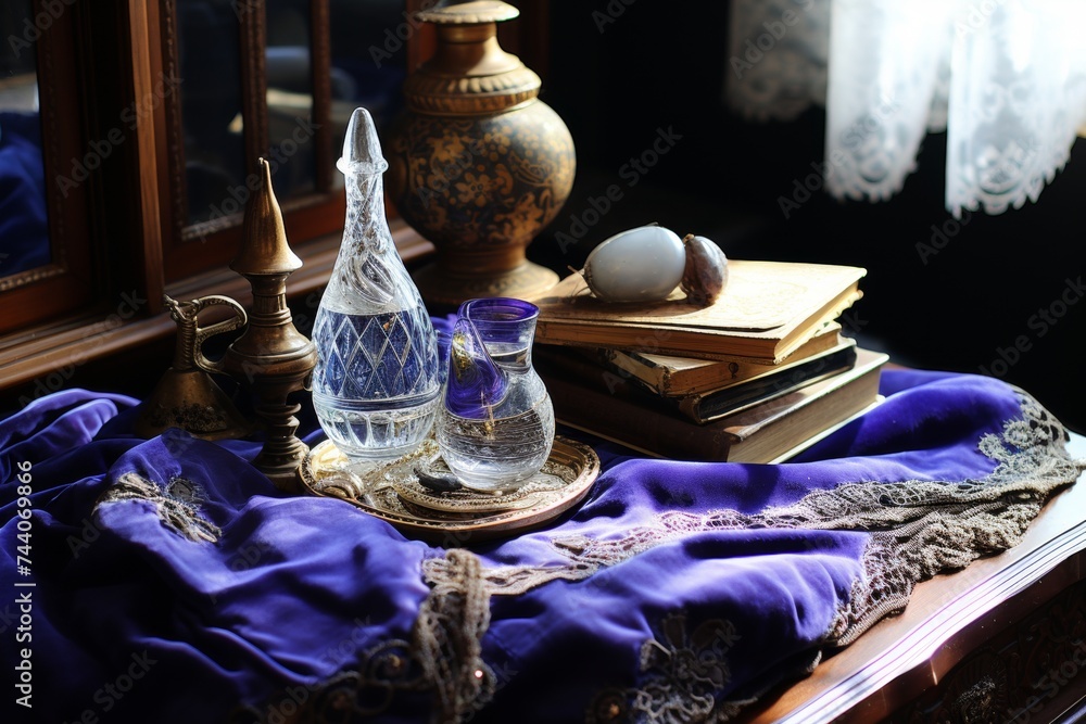 Wall mural magician setting up mystical accessories on a table for an enchanting magical ritual