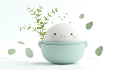 This is a cute and simple illustration of a plant in a pot. The plant has a happy face and is surrounded by green leaves.