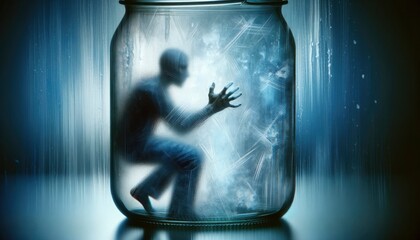 An artistic depiction of a person trapped inside a glass jar, emphasizing feelings of isolation and detachment. AI Generated