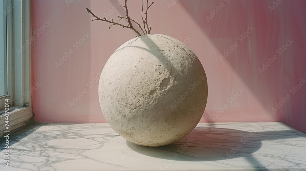 Poster a vase with a twig sticking out of it sitting on a window sill in front of a window sill with a pink