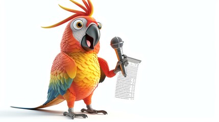 A cartoon parrot is holding a microphone and reading from a paper. The parrot is standing on a white background. - obrazy, fototapety, plakaty