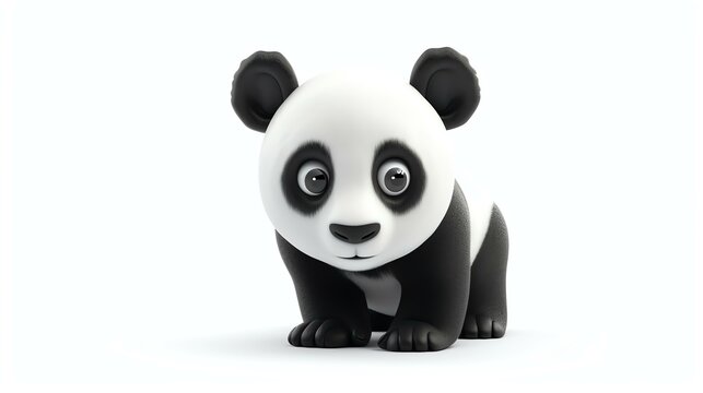3D rendering of a cute cartoon panda. The panda has big black and white eyes, a round face, and fluffy black and white fur.