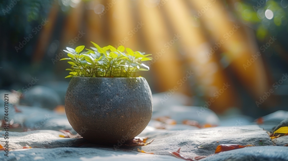 Poster a close up of a plant in a vase on a table with sunlight streaming through the trees in the backgrou