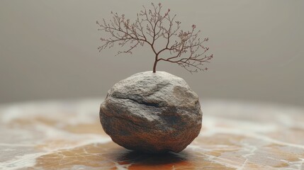  a rock with a small tree growing out of it on top of a marble table with a light colored wall in the backround of the room behind it. - obrazy, fototapety, plakaty
