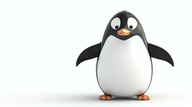 3D rendering of a cute and funny cartoon penguin. The penguin is standing on a white background and looking at the camera with a curious expression.