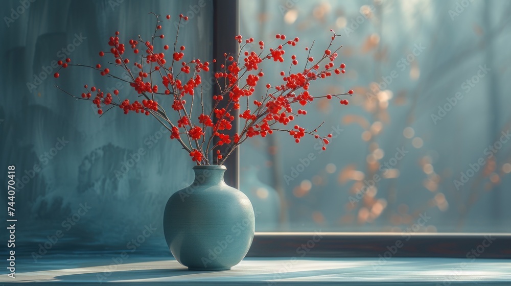 Poster a vase with red flowers in it sitting on a window sill in front of a window sill with a blurry backg