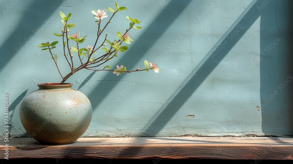 Poster a vase with a tree branch in it sitting on a wooden table in front of a blue wall with a shadow of a