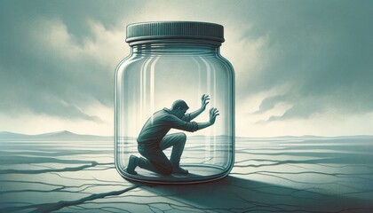 An illustration depicting a person trapped inside a glass jar set against a vast, empty landscape, conveying feelings of isolation and helplessness. AI Generated