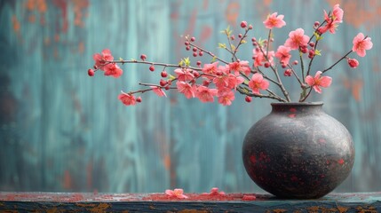  a vase filled with lots of pink flowers on top of a wooden table in front of a blue and green painted wall with a wooden slatted wall behind it. - obrazy, fototapety, plakaty