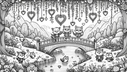 A bridge over a calm river, adorned with heart shaped lanterns. Cute cartoon animals, such as foxes, and owls, are shown strolling across the bridge, framed by hanging vines and flowers. AI Generative