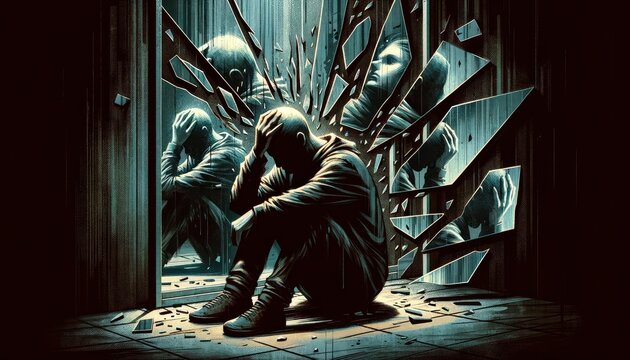 Illustration of a figure shrouded in shadows, sitting in a dimly lit room. Fragments of broken mirrors surround them, reflecting distorted images of their face. AI Generated