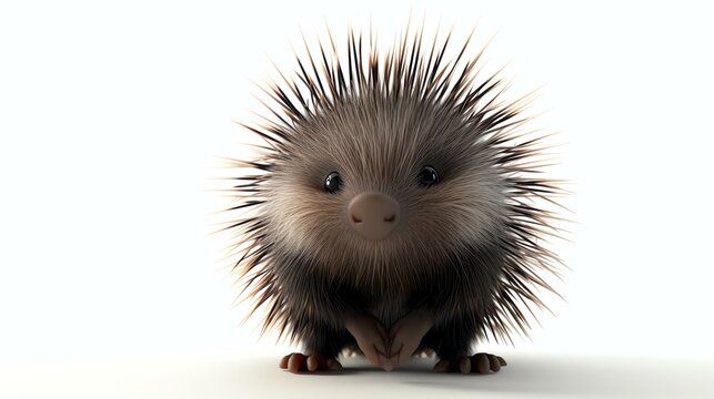 A cute baby porcupine with big eyes and a pink nose is sitting on a white background.