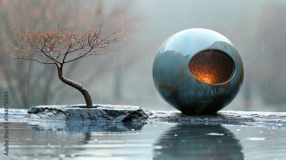 Poster a bonsai tree sitting in the middle of a body of water next to a round object with a hole in the mid
