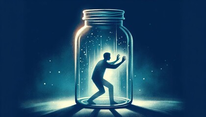 An illustration depicting a person trapped inside a glass jar, symbolizing feelings of confinement and the emotional constraints of depression. AI Generative - obrazy, fototapety, plakaty