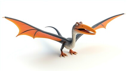 A cute and friendly cartoon pterodactyl with a long neck and a big smile on its face. It has light grey feathers with dark grey and orange wings.