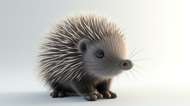 A cute baby hedgehog with big eyes and a tiny nose. It is sitting on a white background and looking at the camera.