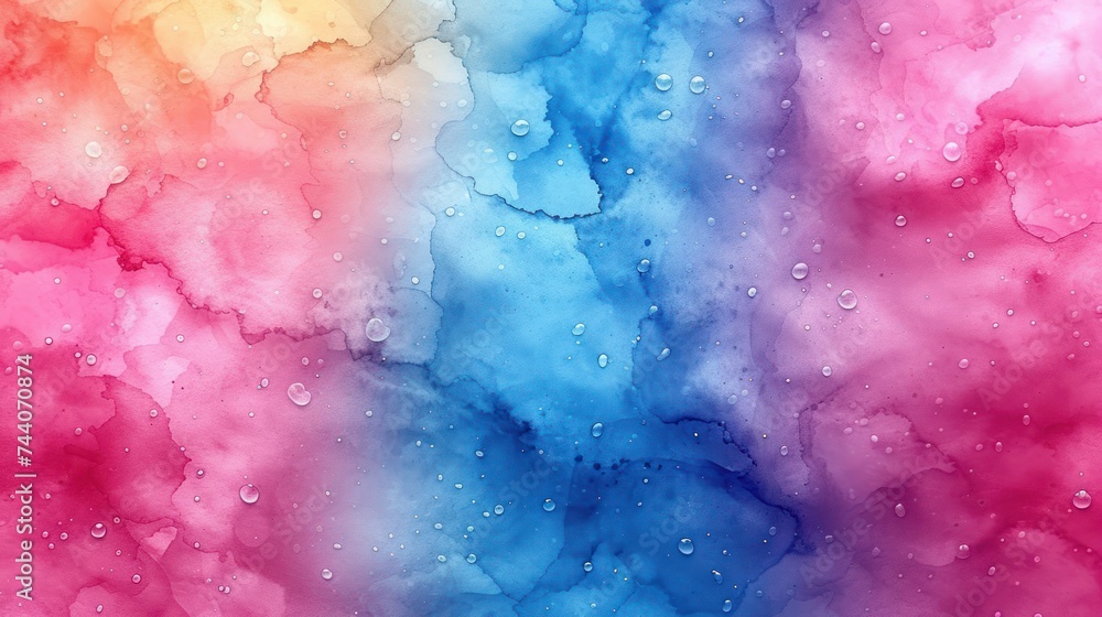 Poster a multicolored watercolor background with drops of water on the bottom and bottom of the image and t