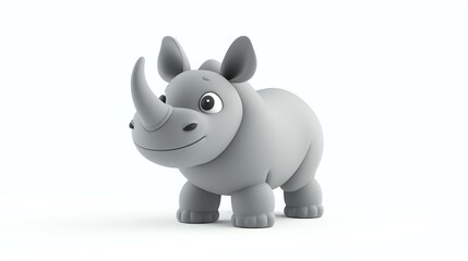 This is a 3D rendering of a cute cartoon rhinoceros. The rhino is gray and has a big horn on its nose.
