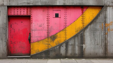  a red and yellow door next to a gray wall with a yellow and red design on the outside of the door and a red door on the inside of the outside of the door.