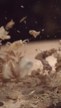 Experience the mesmerizing beauty of wood shavings and sawdust descending towards the camera in stunning 4K vertical slow motion.