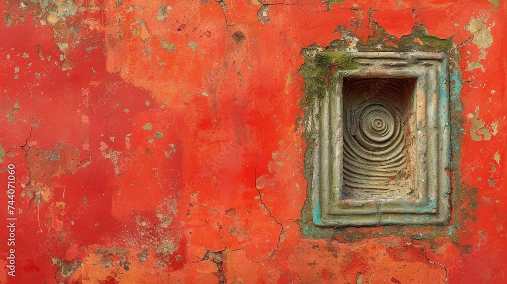 Aufkleber a red wall with a hole in the middle of it with a hole in the middle of the wall and a hole in the m