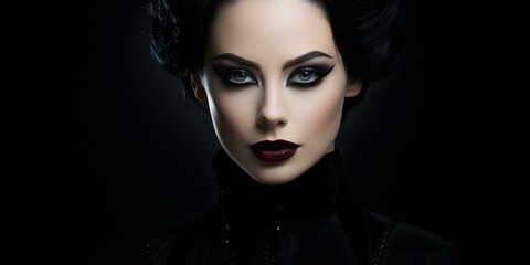 Vampire-inspired model highlighting bold dark makeup against dark backdrop. Concept Dark makeup, Vampire theme, Bold aesthetic, Gothic vibes, Dramatic portraits