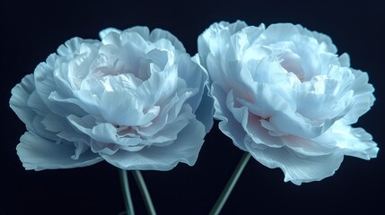  a close up of two white flowers on a black background with a blurry image of one flower in the background and the other flower in the foreground with a dark background.