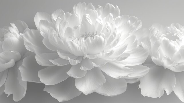  a group of white flowers sitting on top of a white counter top in front of a gray wall with a black and white photo of the flowers in the middle.