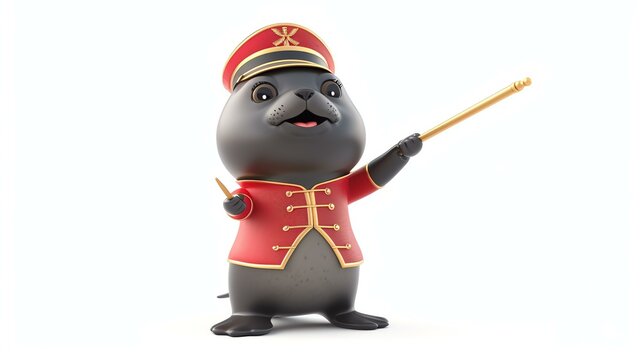 3D rendering of a cute seal wearing a red military uniform and a hat with a gold badge.