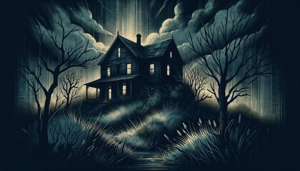 An illustration of an old, abandoned house on a hill, conveying a haunting vibe and stirring emotions of nostalgia and unease. AI Generated - obrazy, fototapety, plakaty