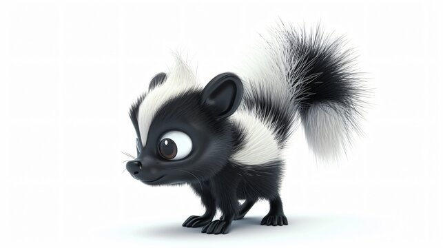 A cute 3D rendering of a baby skunk looking around curiously. It has big eyes, a small nose, and a long tail with a white tip.