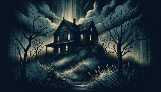 An illustration of an old, abandoned house on a hill, conveying a haunting vibe and stirring emotions of nostalgia and unease. AI Generated