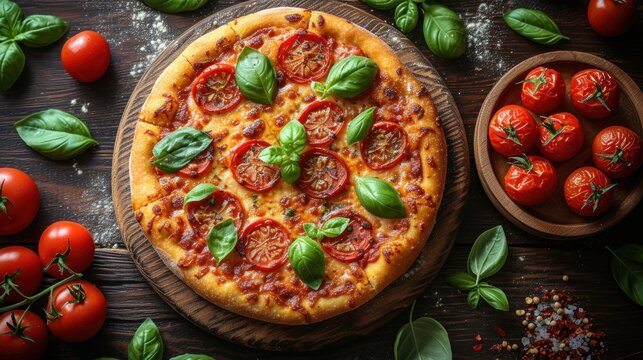  a pizza sitting on top of a wooden cutting board next to a bowl of tomatoes and basil on top of a wooden table next to a wooden bowl of tomatoes.