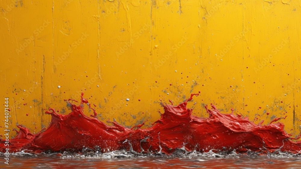 Poster a yellow wall with water splashing on it and a red object in the middle of the wall with water splas