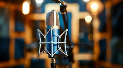 Blue professional microphone in a recording studio with blurred orange background.