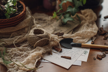 a skein of thread among the flowers. spring care of home flowers. gardening on the windowsill....