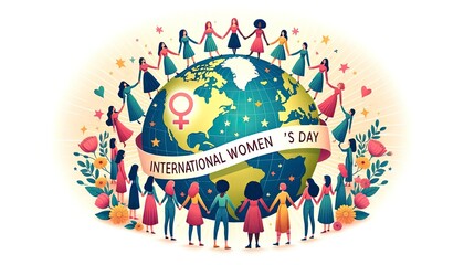 An illustration showcasing women from different cultures encircling the globe, with the words "International Women's Day" on a ribbon above. AI Generative