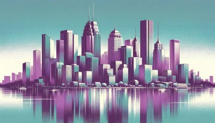 An artistic representation of a city skyline, with buildings in a rich purple hue and the sky and water reflections in a soft teal. AI Generated