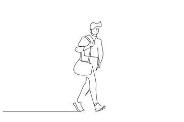 Fototapeta na wymiar young male athlete university student bag walking outside one line art design