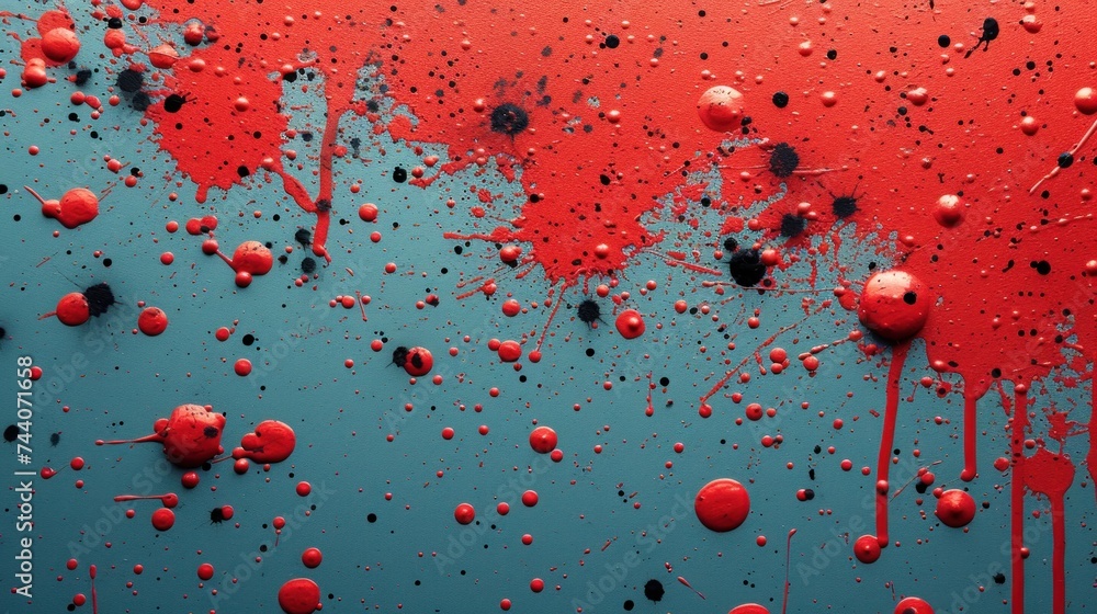 Poster  a blue and red background with lots of red and black drops of water on the bottom of the image and on the top of the bottom of the image is a red and bottom half of the bottom half of the image.