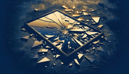 An artwork showcasing a fragmented mirror on the ground, reflecting distorted emotions and memories, highlighting feelings of loss. AI Generated