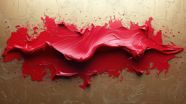  a piece of art that looks like red paint on a brown background with red streaks of paint on the bottom half of the image and bottom half of the wall.