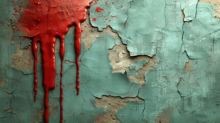  a wall with peeling paint and a red paint dripping from the top of the paint and on the bottom of the wall is a green paint chip that has been chipped off.