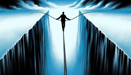 An artwork depicting a tightrope walker balancing precariously, representing the challenges of navigating mental health and the precarious nature of depression. AI Generated