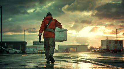 Organ courier carrying a cooler with an organ to the transplant center - obrazy, fototapety, plakaty