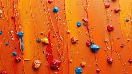  a painting of orange, blue, and yellow paint on a wall with red, yellow, and blue paint splattered all over the top of the paint.