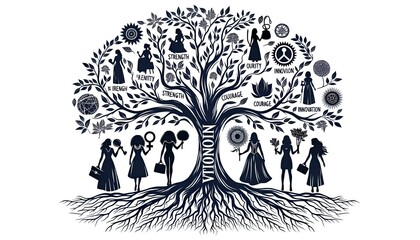 An illustration of a tree formed by the silhouettes of women from various backgrounds, each representing her unique contribution to society, surrounded by empowering words. AI Generative