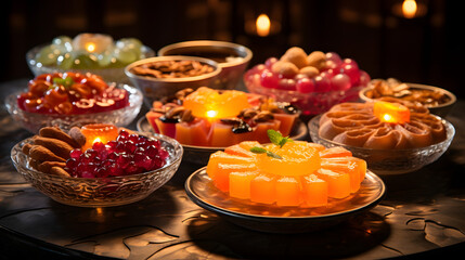 a group of round dishes filled with various snacks and pastries