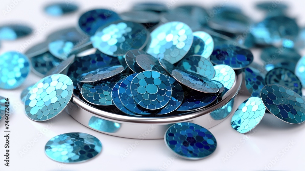 Poster a metal container filled with blue sequins on top of a white surface with lots of blue sequins on th